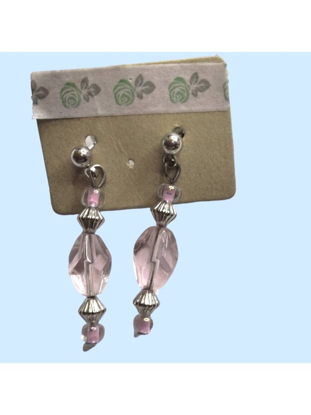 Pink Silver Crystal  Earrings Post Drop Dangle USA vintage Glass Beads